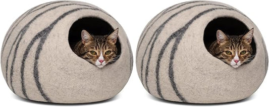 MEOWFIA Cat Cave – Premium Felt Cat Bed for Indoor Cats, Handmade 100% Merino Wool (Light Grey, Medium) (Pack of 2)
