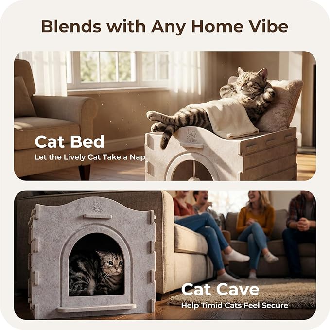 Apasiri Cat Cave Bed for Indoor Cats - Insulated Felt Cat House Indoor Hideaway, Modular Cat Houses & Condos with DIY Cat Tunnel, Scratch Resistant Pad Alternative, Small Cat Bed & Cat Furniture Gift