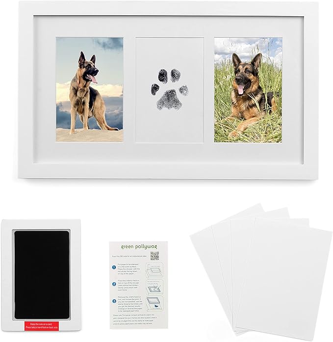 Green Pollywog Paw Print & Nose Print Kit with No-Mess Ink Pad | White | Pet Memorial Picture Display | Dog & Cat Keepsake Gift