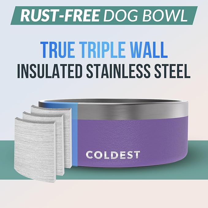 Coldest Dog Bowl - Anti Rust Metal, Non Slip, 3 Layers Insulated Stainless Steel Dog Bowls - Spill Proof & Heavy Duty - Water Bowl for Dogs, Cats & Pets, Dish Washer Safe (64 oz, Galaxy Purple)