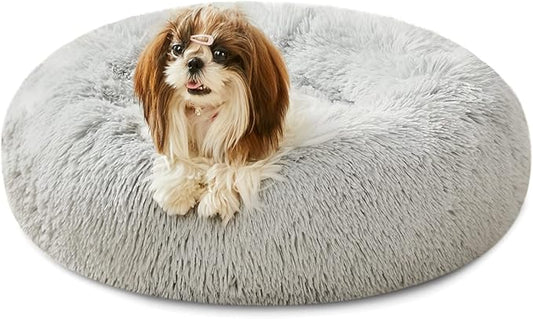 Calming Dog Bed & Cat Bed, Anti-Anxiety Donut Cuddler Beds, Cozy Soft Round Beds, Fluffy Faux Fur Plush Bed for Small Medium Dogs and Cats