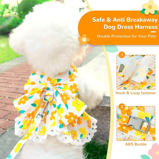 Dog Harness Dress Leash Set for Small Dog Summer Clothes Girl Female Puppy Cats Outfits Cute Floral Bowknot Princess Birthday Dress for Extra Small Pet Doggie Kitten Outfits Apparel(Yellow,M)