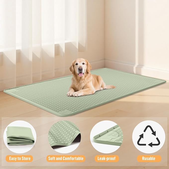 Silicone Dog Bed Mat, 50"x 35" Crate Mat for Dog Cages, Kennel Mat with Raised Edge, Washable, Waterproof, Leakproof, Protect Floors (Green)