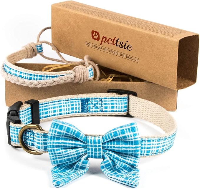 Pettsie Dog Bow Tie Collar with Matching Friendship Bracelet – Adjustable, Durable Hemp & Soft Cotton, Stylish & Comfortable for Sensitive Skin, Elegant Gift Box, Medium, Blue