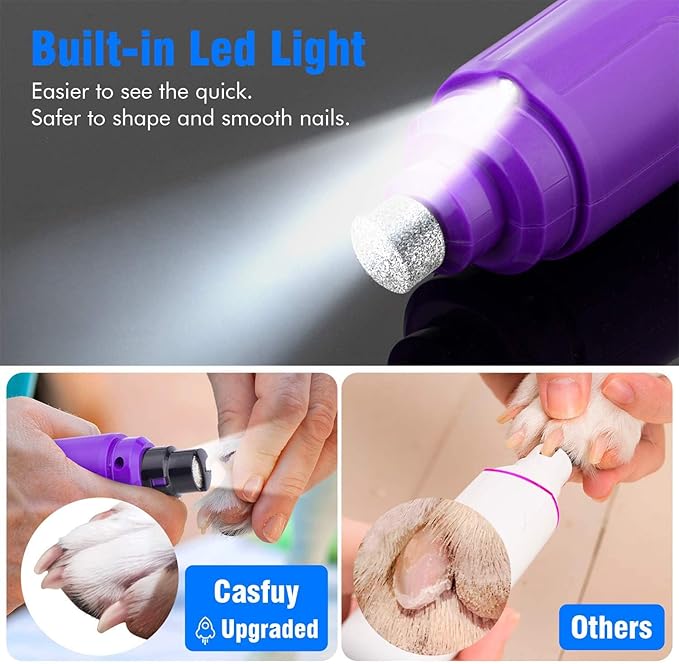 Casfuy Dog Nail Grinder with LED Light - Upgraded 2-Speed Electric Pet Nail Trimmer Powerful Painless Paws Grooming & Smoothing for Small Medium Large Dogs & Cats (Purple)