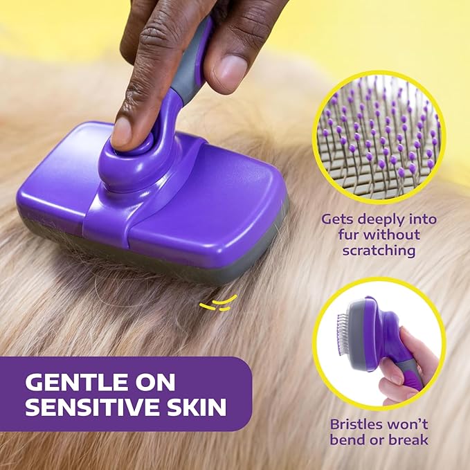Hertzko Self-Cleaning Slicker Brush - Cat and Dog Brush for Shedding, Tangles and Dirt - Gentle Grooming Tool for Sensitive Skin - Pet Hair Remover for Long and Short Coats - Purple