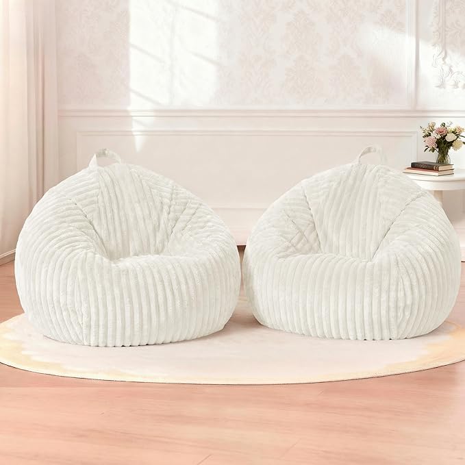 Homguava 2Pcs of 2FT Bean Bag Chair, 2' Small Bean Bags with Memory Foam Filled, Beanbag Chairs with Machine Washable Cover Dutch Corded Plush Cover for Classroom,Living Room,Bedroom-White