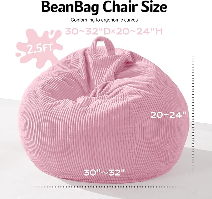 Homguava 2.5FT Bean Bag Chair,Teardrop Bean Bags Small Beanbag Chair with Memory Foam Filled and Ultra Soft Corduroy Cover for Living Room, Bedroom (Light Pink)
