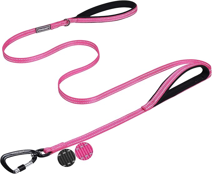 VIVAGLORY Dog Leash Lighthook Double Handle Dog Leash with Traffic Handle & Locking Carabiner for Walking & Training, Traffic Control Lightweight Carabiner for Puppy Pet, 6ft x 1/2in, Pink