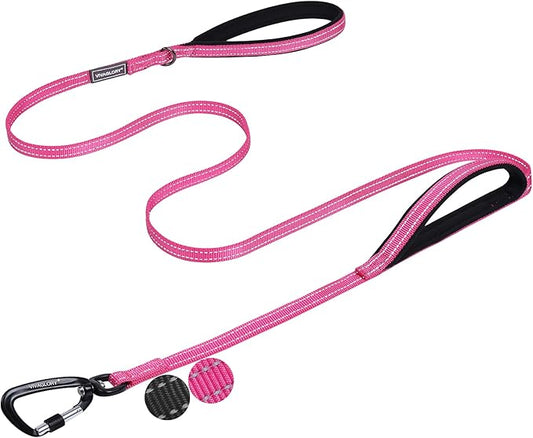 VIVAGLORY Dog Leash Lighthook Double Handle Dog Leash with Traffic Handle & Locking Carabiner for Walking & Training, Traffic Control Lightweight Carabiner for Puppy Pet, 6ft x 1/2in, Pink