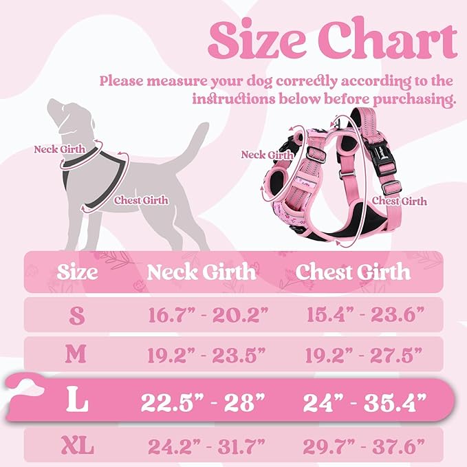 rabbitgoo Dog Harness for Large, No Pull Pet Harness with 3 Buckles, Adjustable Soft Padded Vest with Control Handle, Walking Reflective Pet Vest for Large Dogs, Floral Pink, L