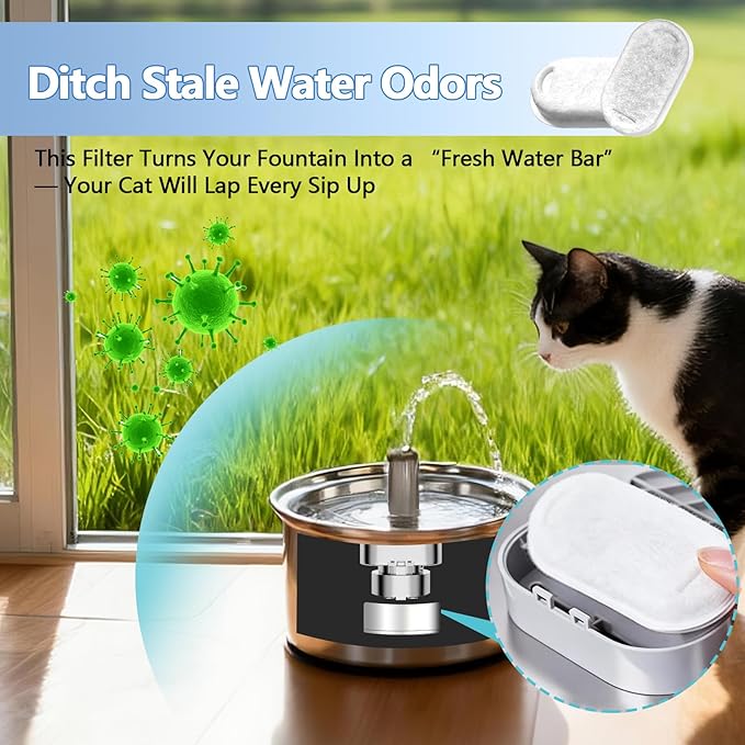 16 Pack Cat Water Fountain Filters Replacement for 108/3.2L & 67oz/2L Stainless Steel Pet Dispenser, 8 Filters with 8 Sponges Pet Fountain Filter Replacement
