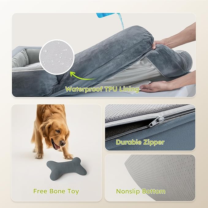 Extra Large Dog Bed, Orthopedic XL Dog Bed with Cooling Gel Memory Foam, Waterproof Pet Bed with Removable Washable Cover, 42" Pet Sofa Couch Dutch Velvet with Bone Toy, Dark Gray