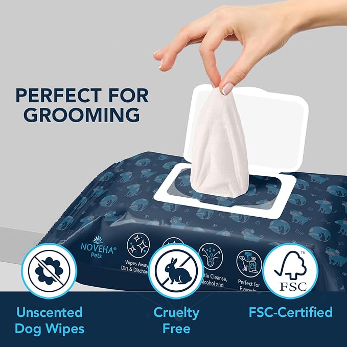 NOVEHA 360PCs Dog Wipes - Odor Eliminating and Cleaning Grooming Wipes for Dog's Paws, Body, and Butt - Perfect for Puppy and Adult Dogs - Plant-Based, Safe, Convenient & Large Unscented Wipes - 3pack
