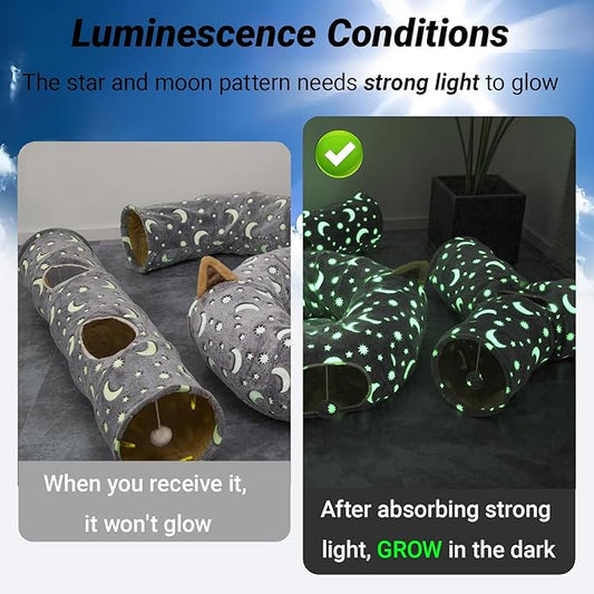 LUCKITTY Cat Tunnel Bed Under Christmas Tree with Plush Ball Toy Playground Crinkle Collapsible Self-Luminous Flannel Fabric 3FT for Large Cats Kittens Kitty Small Animals Puppy Grey Moon Star