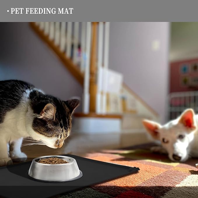 Waterproof Pet Feeding Mat with High Raised Edges, Heavier and Thicker Placemats for Cat Dog Water Bowl with BPA Free, Dogs Cats Food Mats for Messy Drinkers to Prevent Spill and Protect Floors