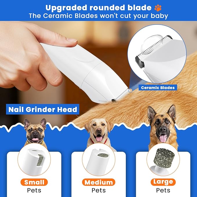 Dog Clippers for Grooming - 4-in-1 Dog Clippers Grooming Kit with Low Noise & IPX7 Waterproof Design Includes Comb Paw Trimmer Nail Grinder - Rechargeable & Cordless Dog paw Trimmer（White）