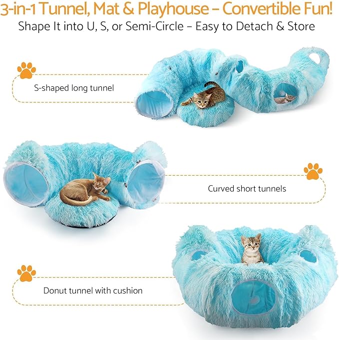 Cat Tunnel Bed, 3-in-1 Collapsible Cat Tube with Removable Washable Cushion, Multi-Shape (U/S/Half-Round) Playhouse with Peekaboo Holes, Hanging Balls & Cat Ears for Cats, Small Dogs, Rabbits