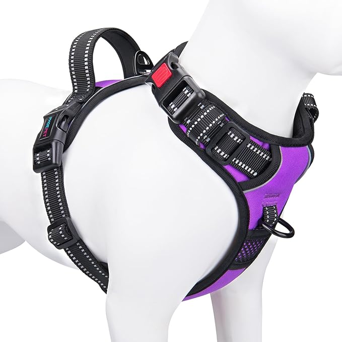 PHOEPET Reflective Dog Harness Large Breed Adjustable No Pull Vest with Handle 2 Metal Rings 3 Buckles [Easy to Put on & Take Off](XL, Purple)