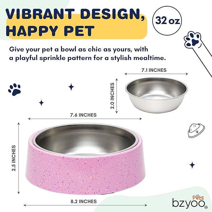 bzyoo 32oz 4CUP Elevated Dog & Cat Bowl, Sprinkle Design, Slanted Stainless Steel Pet Bowl with Removable Inner Bowl, Non-Slip Silicone Base, Dishwasher Safe, for Dry/Wet/Raw Food & Water Pink