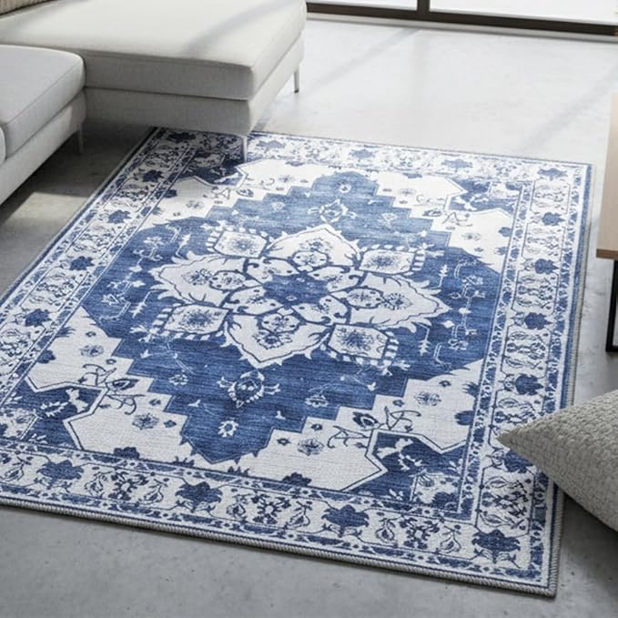 Muddy Mat짰 Navybell 5ft x 7ft Washable Area Rugs for Living Room, Bedroom & Dining Room ??Modern Soft Low Pile Non Slip Carpet ??Pet Friendly Waterproof Foldable Rugs for Home