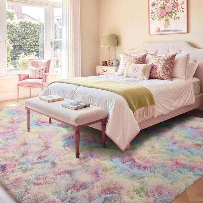 9x12 Ft Extra Large Shag Kids Colorful Rug for Living Room, Ultra Soft Fluffy Furry Area Rugs for Nursery Bedroom Indoor Floor, Girls Aesthetic Carpet Home Decor (Rainbow)