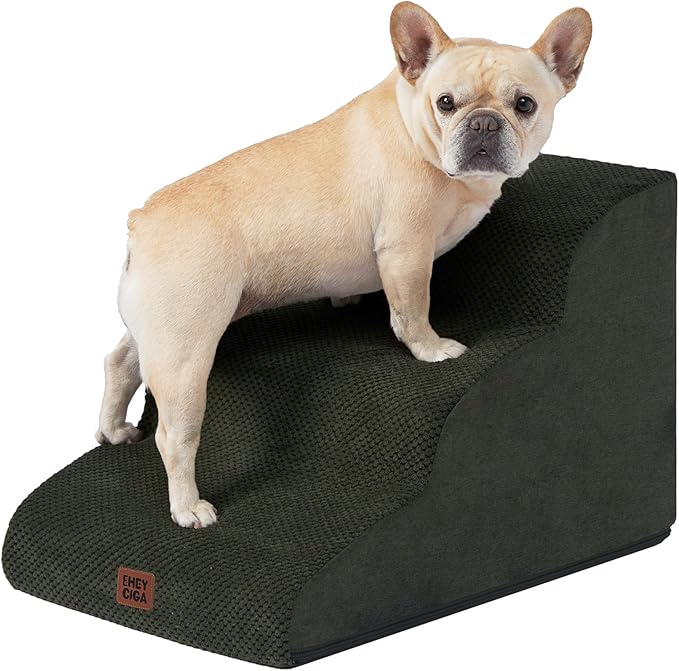 EHEYCIGA Curved Dog Stairs Ramp for Small Dogs 15.7" H, 3-Step Dog Steps for Couch Sofa and Chair, Pet Stairs for Cats, Non-Slip Balanced Pet Steps Indoor, Military Green