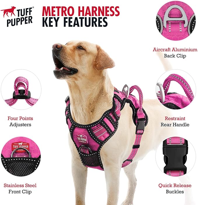 Tuff Pupper No Pull Easy Walk Dog Harness | Heavy Duty Pet Vest | Front & Back Leash Clips | Strong Safety Handle | Reflective Anti Pull Vest | Comfortable Padded Escape Proof Harness (Large, Pink)