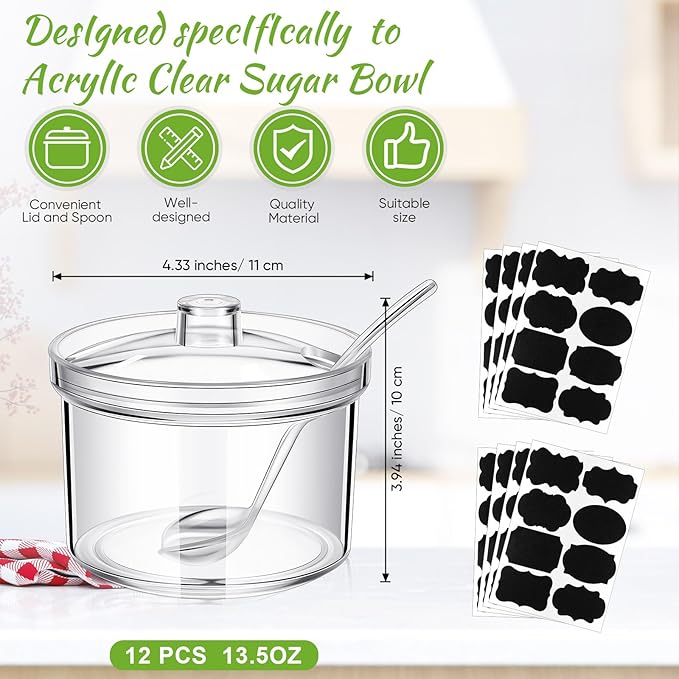 Tioncy 12 Pcs Hot Cocoa Bar Supplies Sugar Bowls with Lid and Spoon Party Bar Ice Cream Sundae Caramel Apple Dipping Container Christmas Acrylic Candy Dispenser with Tag (13.5 oz,Clear)