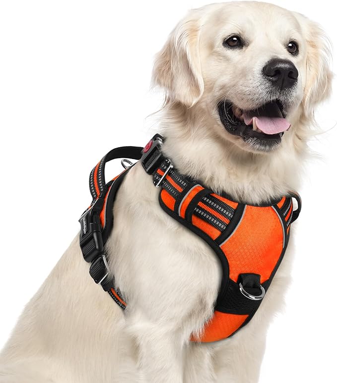 rabbitgoo Dog Harness for Large Dogs, No Pull Pet Vest with 3 Buckles, Adjustable Soft Padded Pet Harness with Easy Control Handle and Reflective Strips, Orange, XL