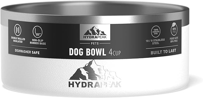 Hydrapeak Dog Bowl; Non Slip Stainless Steel; Water and Food Dish; Large Sized and Small Dogs; 32oz 64oz; Multiple Sizes; 4 Cup | White