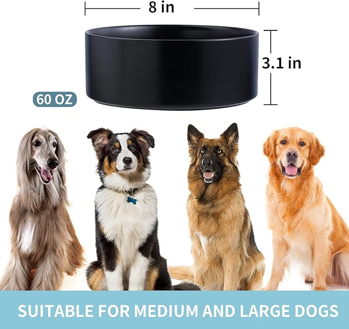 Black Raised/Elevated Ceramic Dog Bowl for Medium Large Sized Breeds,Dog Food Water Bowl with Stand,8 in 7.6 Cups Non Slip Heavy Weighted
