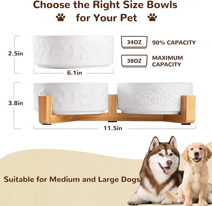 Dog Bowls Set with Wood Stand & Mat Waterproof, 3.5 Cups Ceramic Dog Bowls Elevated for Medium Dogs, Dual Food and Water Bowls with Weighted Non-Slip Base 28.7 OZ