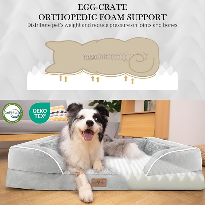 Comfort Expression Orthopedic Dog Bed for Medium Dogs 28x19 Inch, Waterproof Egg Crate Foam Medium Pet Bed with Removable Bolsters, Dog Couch with Washable Cover & Non-Slip Bottom, Grey White