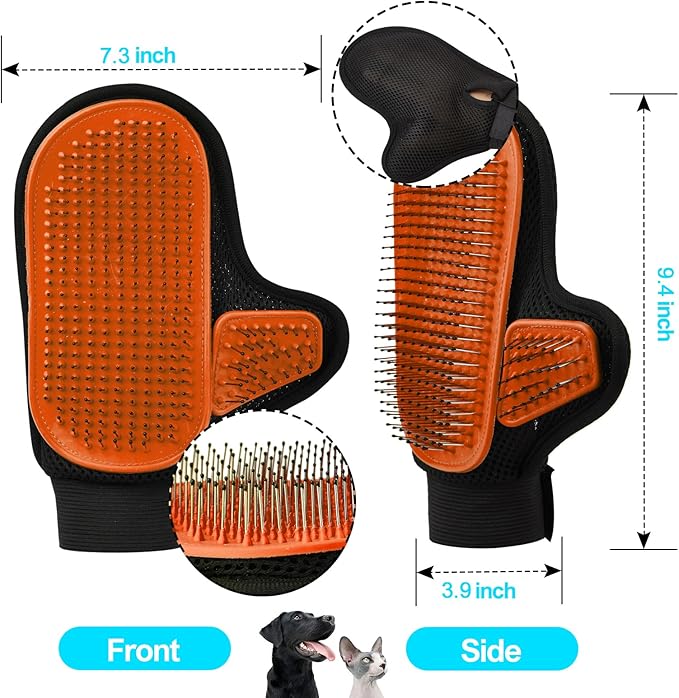 2025 Pet Grooming Glove with Tipped Pin Brush,Special Design Deshedding Glove, Perfect Petting Tool for Sensitive Dogs & Cats with Long & Medium Fur, Massage Mitt - Right-Hand - Orange