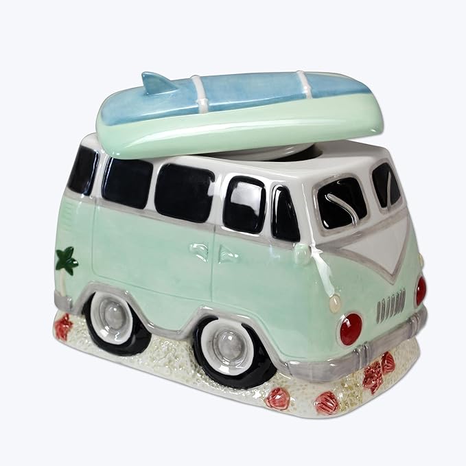 Young's Inc. Ceramic Cookie Jar - Cute Kitchen Counter Storage Canister with Lid - Perfect for Cookies, Coffee, Tea, Candy, Dog Treats, and More - Camper Van - Green, White, Blue