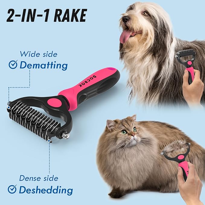 Pet Grooming Brush & Comb Combo, Cat & Dog Brush for Shedding & Dematting, Undercoat Rake for Long-haired Pets, Pink