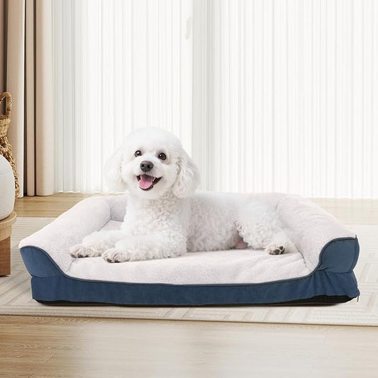 Dog Bed Waterproof Medium/Large Sized XL Foam Pet Beds Removable Washable Cover Dog Sofa Egg Crate Foam Support with Zipper Bottom Bolster Deluxe Plush Mat (Blue + White+33x25x7.8in)