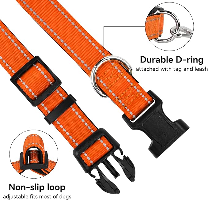 Soft Reflective Dog Collar for Extra Small Dogs, Lightweight Adjustable Puppy Collar with Neoprene Padding, Gentle Nylon for Chihuahua Yorkie,Orange,XS