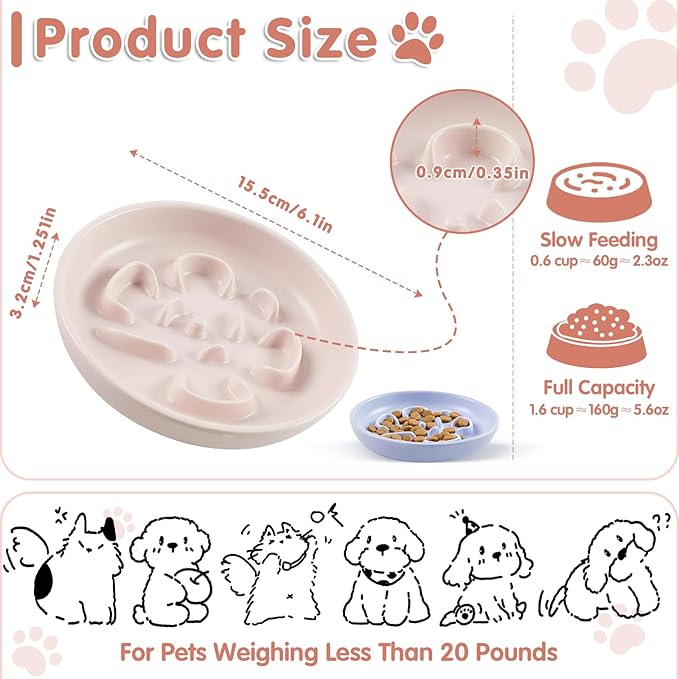 Cat Slow Feeder Bowl Set - 2 Pcs Pastel Series Cat Plate for Dry and Wet Food - Cute Maze Feeder Dish for Healthy Eating- Slow Feeding Bowls Whisker Friendly - Dishwasher Safe.(Blue and Pink)