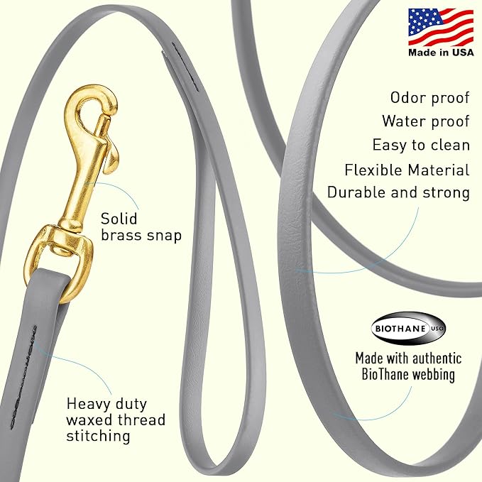 Viper Biothane K9 Working Dog Leash Waterproof Lead for Tracking Training Schutzhund Odor-Proof Long Line with Solid Brass Snap for Puppy Medium and Large Dogs, 20ft Battleship Gray