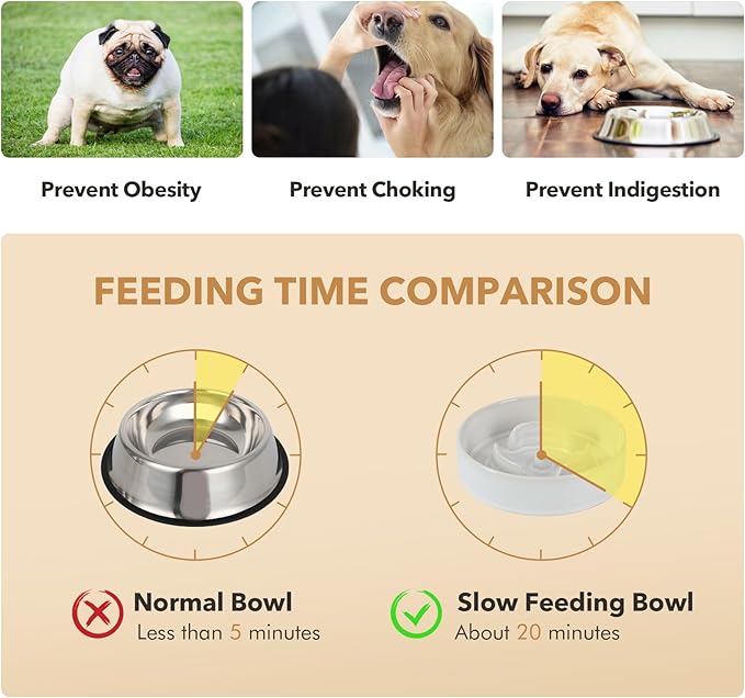 Ceramic 0.9 Cup Raised Slow Feeder Dog Bowl Set, Elevated Acacia Wood Stand for Small Dog and Cat, 6.1inch Slow Dish, Stop Bloat(Single Bowl+ Stand, Reactived Glaze -White)