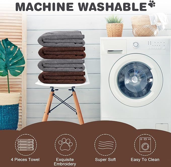 Chumia 4 Pack Dog Towels for Drying Large Microfiber Grooming Tools Absorbent Soft Bath Supplies with Embroidered Paw for Small Medium Pet Products(16 x 32 Inch,Gray, Coffee)