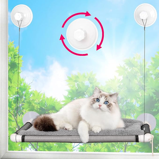 ZALALOVA Cat Window Perch Seat Large Sturdy Cat Beds Fleece Blanket 2025 Latest Screw Suction Cups Resting with Blanket (Grey)