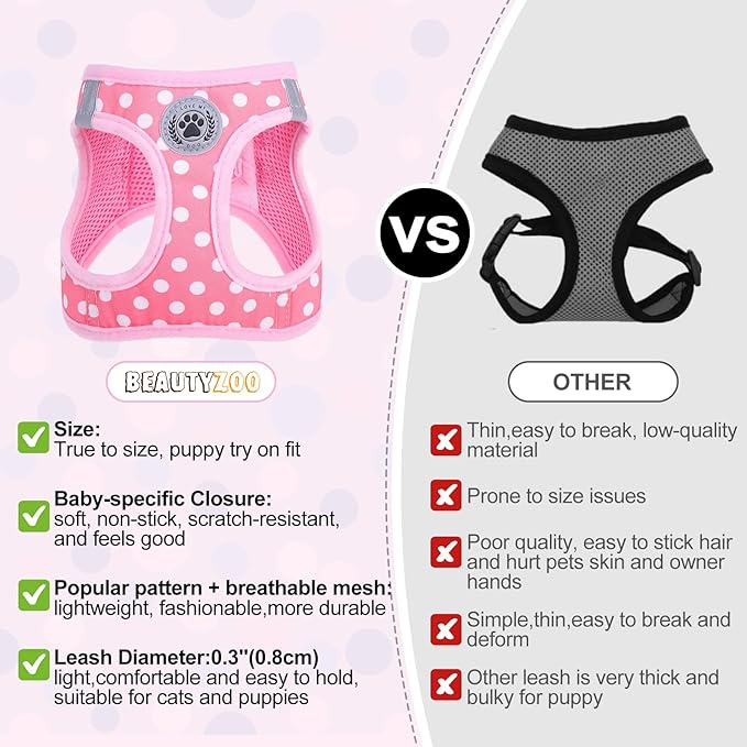 BEAUTYZOO Step in Dog Harness and Leash Set, Polka Dot Pattern Reflective Dog Harness No Pull No Choke Puppy Harness for XXS XS S Dogs Cats, Soft Padded Mesh Vest Harnesses for Girl and Boy Pets