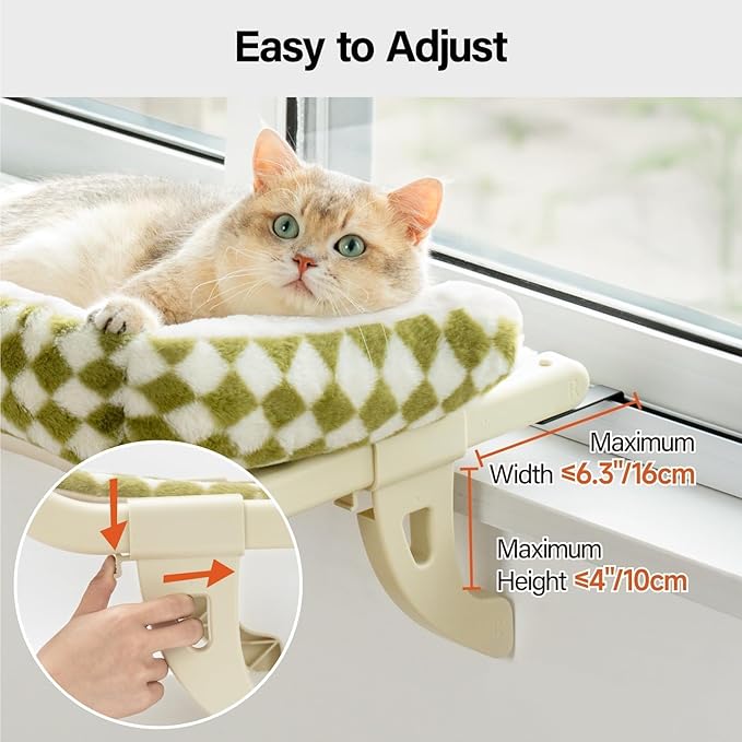 MEWOOFUN Cat Window Sill Perch for Indoor Cats, One-Step Sliding Clamping Slot Adjustment Cat Window Hammock with Removable Covers, Cat Bed for Windowsill & Bedside (Green, Large)