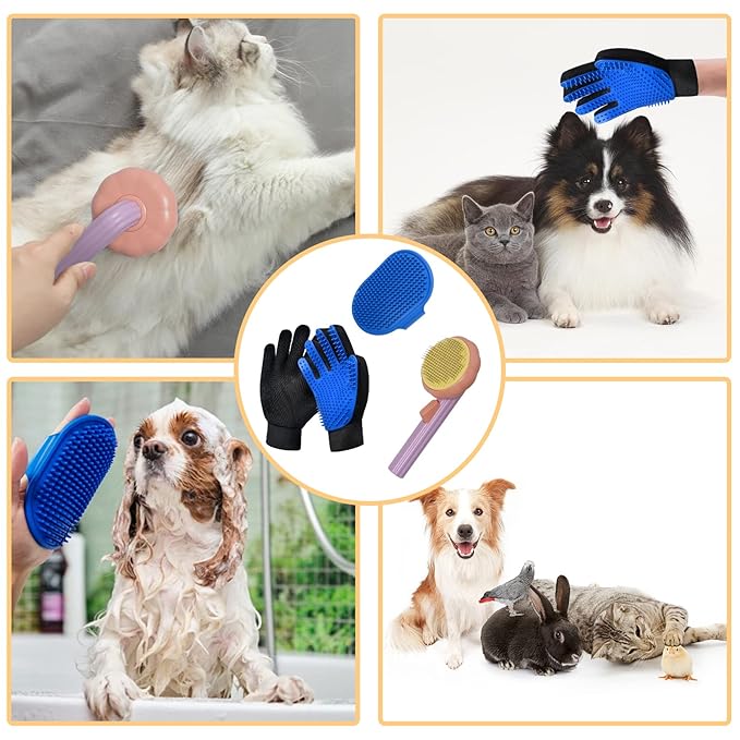 GJEASE Cat Grooming Glove Brush,Self-Cleaning Slicker Pet Brush for Short and Long Haired pats,Dog Bath Brush for Shedding and Grooming,Removes Loose Hair and Tangles,Promote Circulation