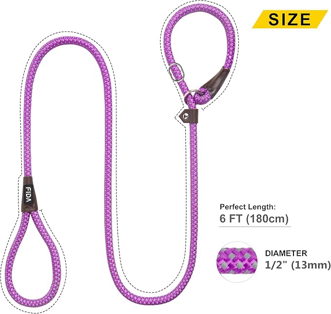 Fida Durable Slip Lead, 6 FT x 1/2" Heavy Duty Rope Leash for Large, Medium Dogs, No Pull Pet Training Leash with Highly Reflective, Purple