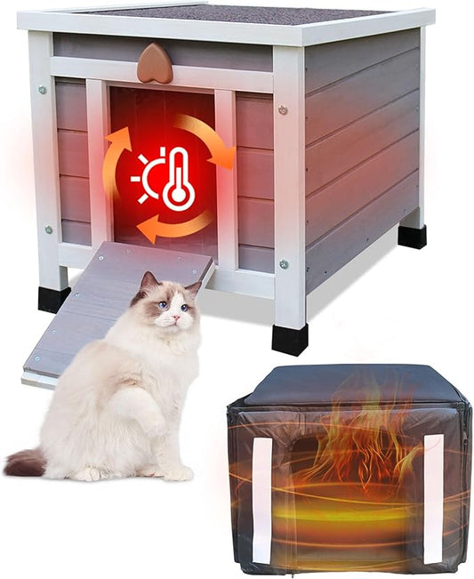 Rockever Outdoor Cat House, Insulated Outdoor Cat House with Warm Liner for Winter, Weatherproof Rabbit Hutch Bunny Cage, Wooden Outside Shelter for Feral Cats, Rabbits