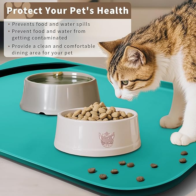 Silicone Pet Food Mat with Raised Edge for Food and Water Bowl, Dog Feeding Mats, Cat Food Trays for Floor Waterproof, Rubber Tray for Dogs and Cats, 24 x 16 x 0.8 Dark Turquoise